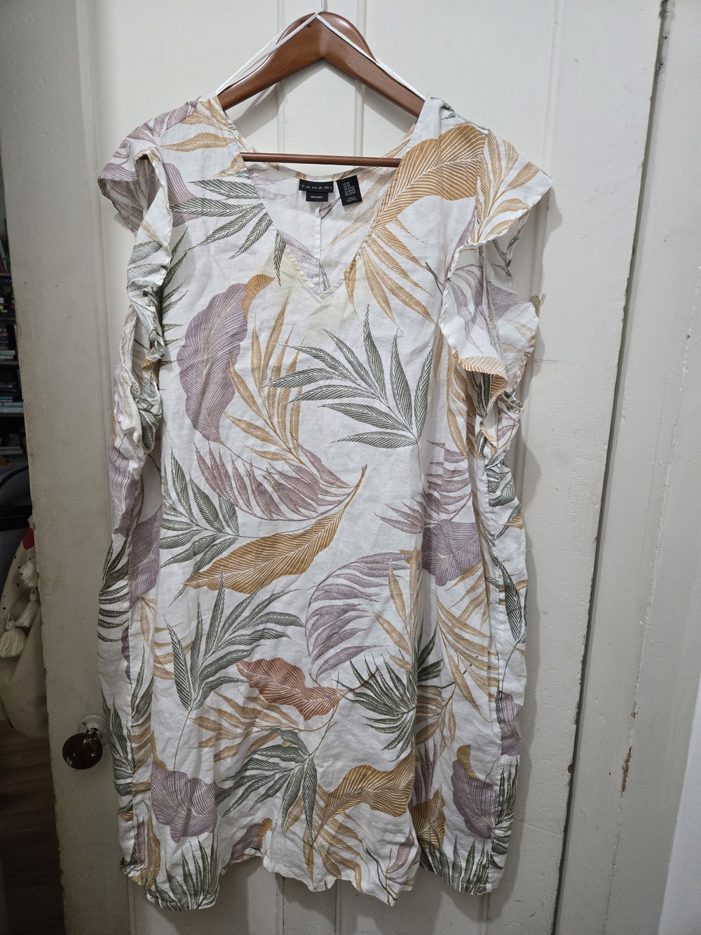 Tahari White Dress with Tan and Olive Leaf Print 2x